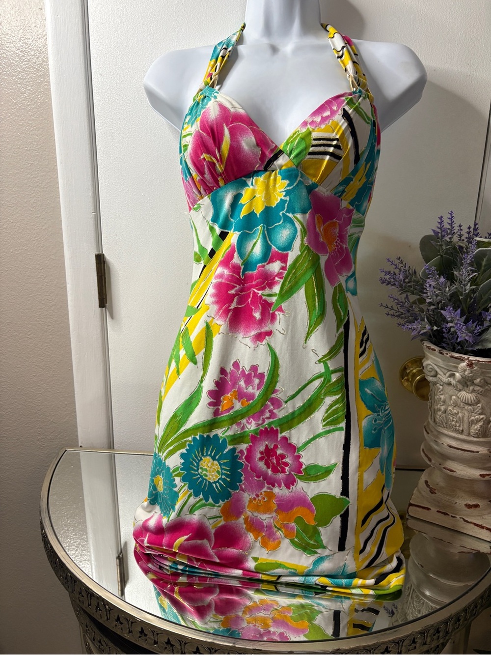 Cache Floral Halter Mini Dress — Pink, Turquoise & Yellow